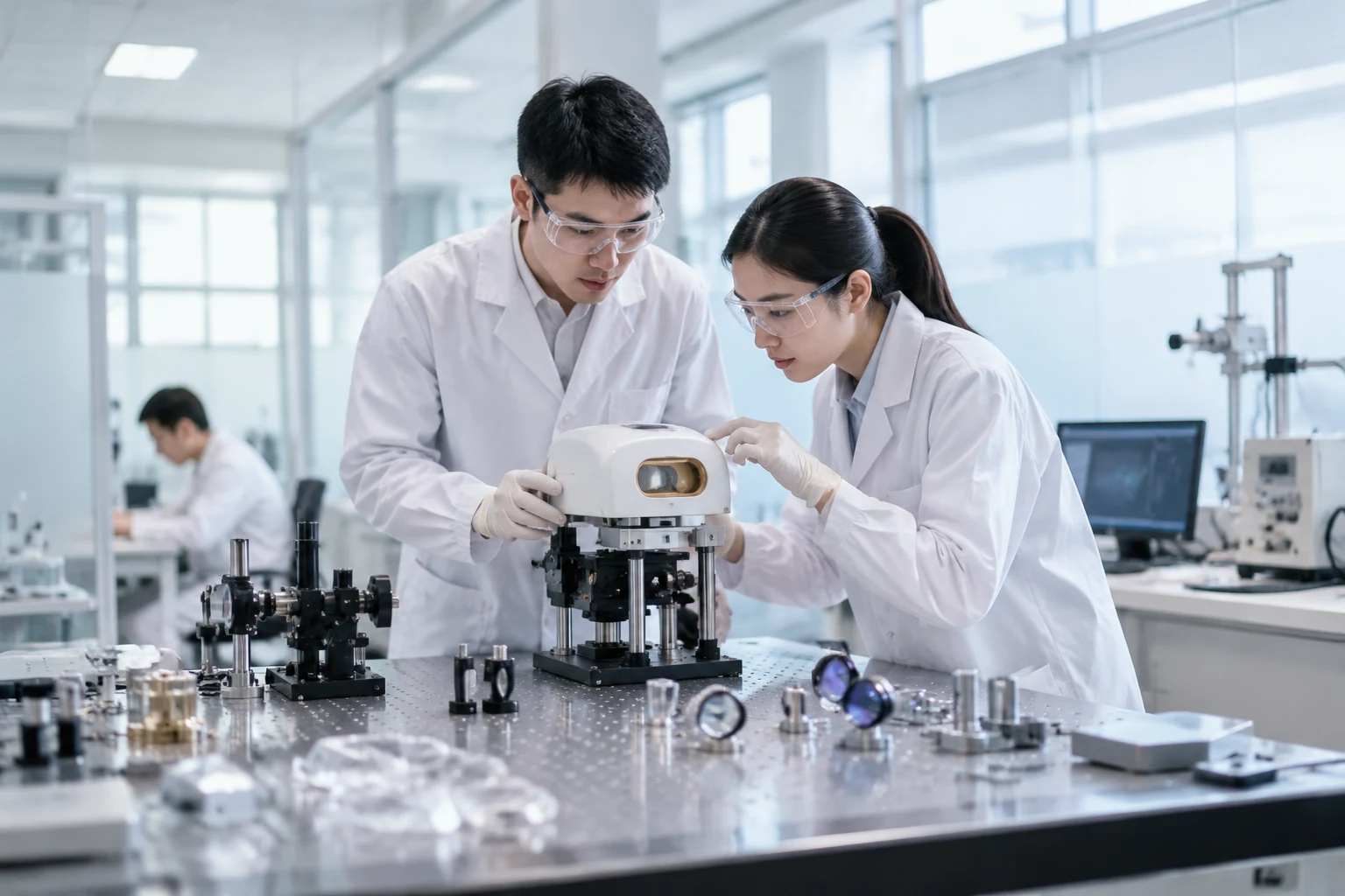CAREVIA 工程师在光学实验室进行设备研发